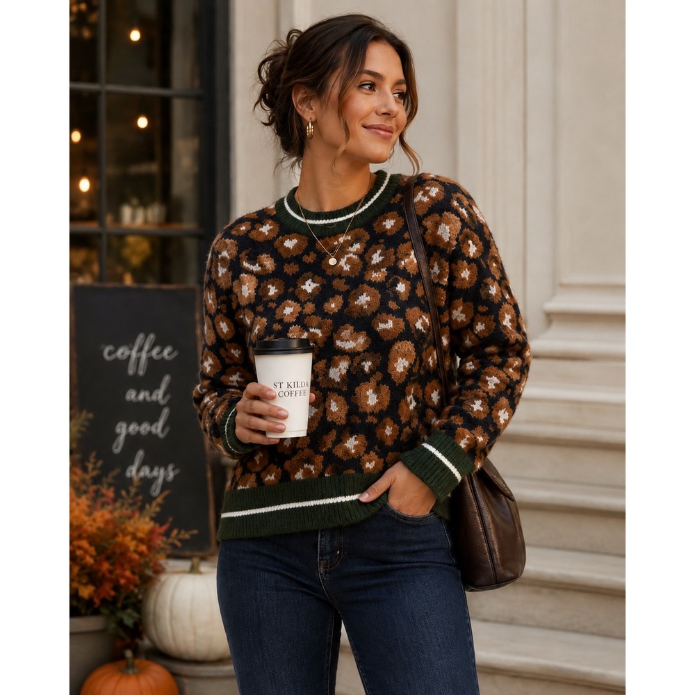 Preppy Academia Leopard Sweater Varsity Stripe Crewneck Sweater Retro Edgy Sz M
